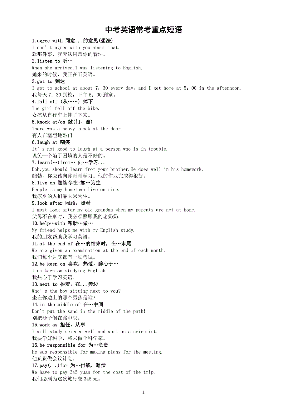 初中英语中考常考重点短语汇总（共50句）.docx_第1页