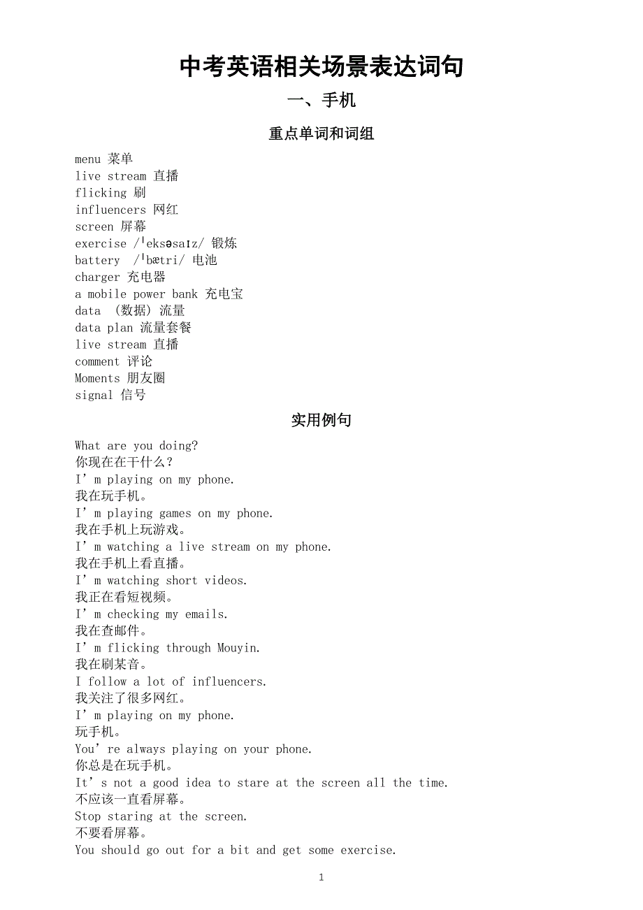 初中英语中考复习相关场景表达词句汇总（手机 点外卖）.docx_第1页