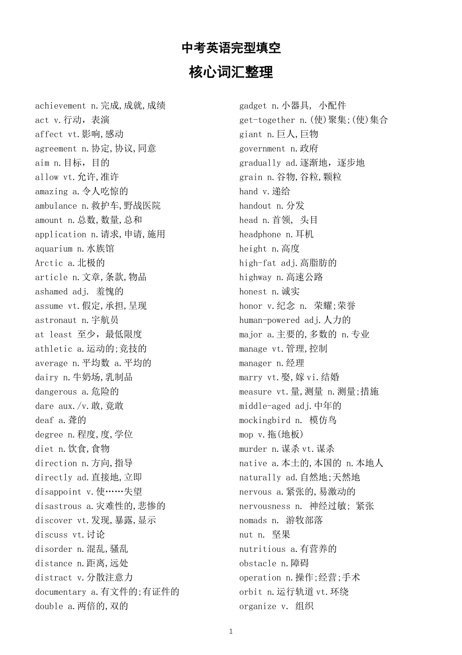 初中英语中考完型填空核心词汇整理.docx_第1页