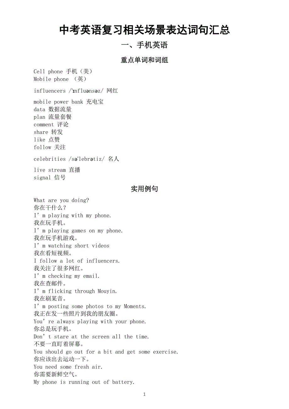 初中英语中考复习相关场景表达词句汇总（手机英语 点外卖）.docx_第1页