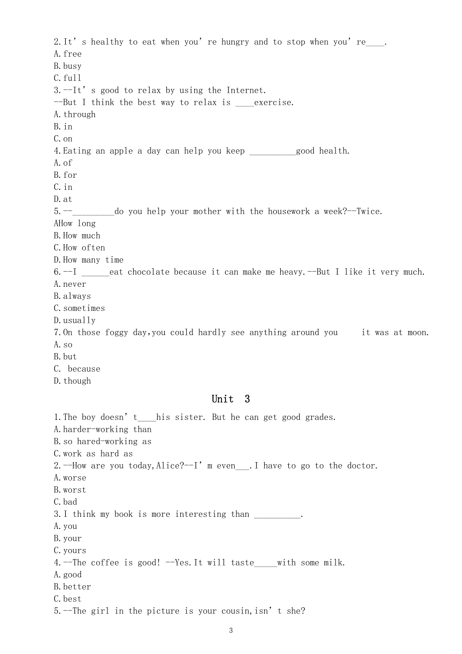 初中英语人教版八年级上册易错选择题汇总练习（1~3单元）（附参考答案）.docx_第3页