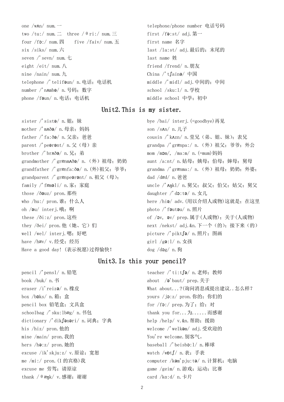 初中英语人教版七年级上册全册单词汇总（分单元编排）.docx_第2页