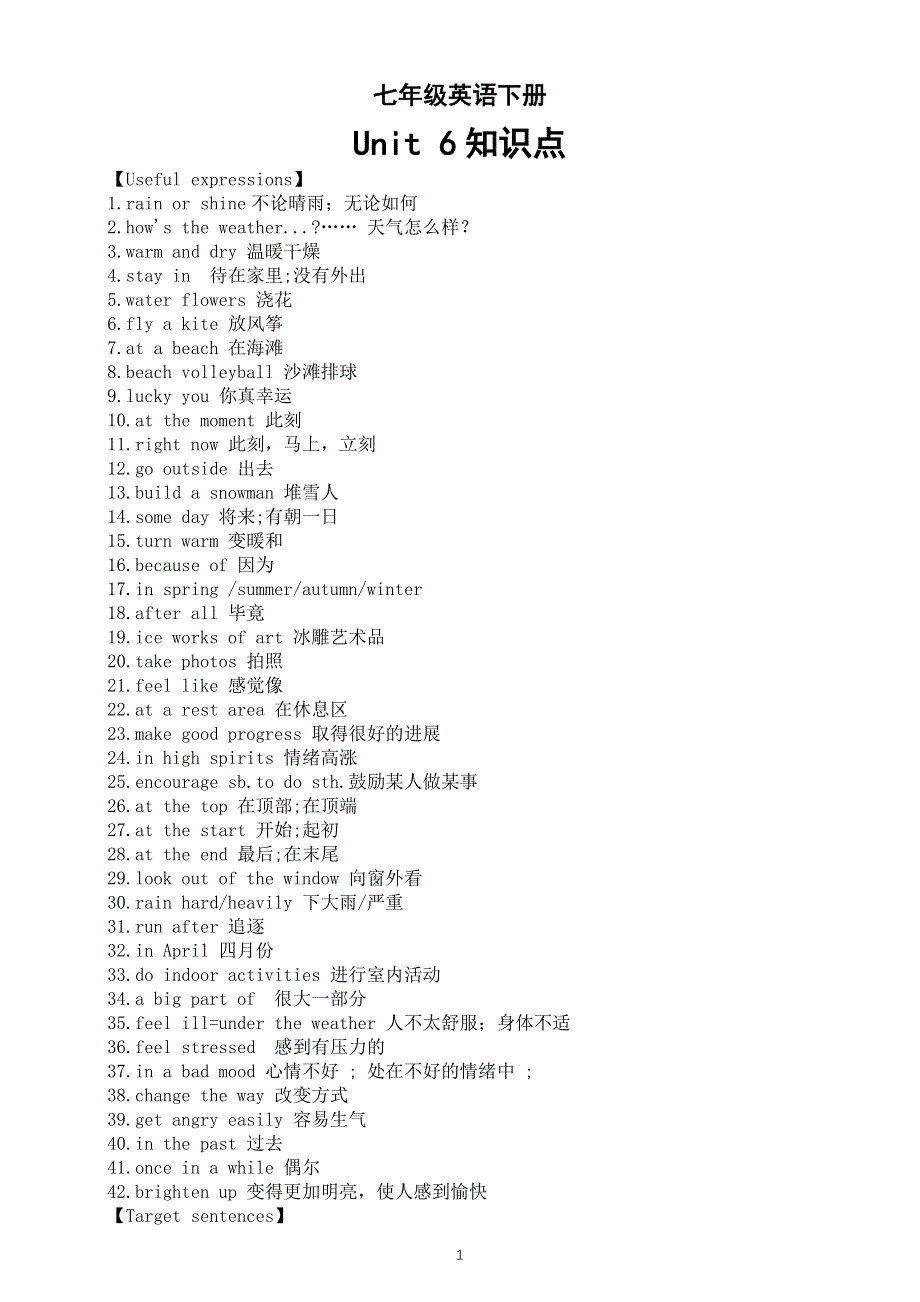 初中英语新人教版七年级下册Unit 6 Rain or Shine知识点（2025春）.doc_第1页