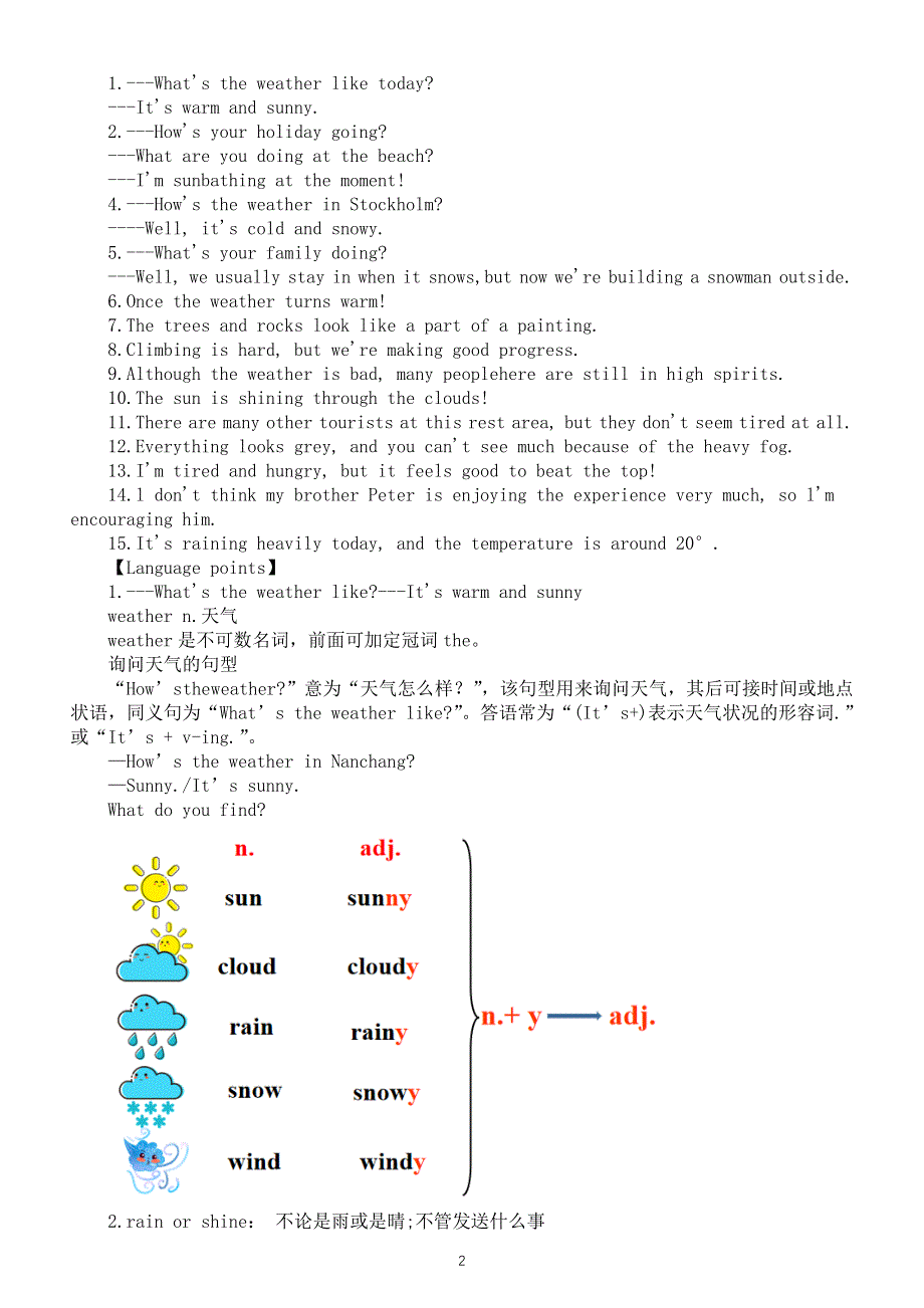 初中英语新人教版七年级下册Unit 6 Rain or Shine知识点（2025春）.doc_第2页