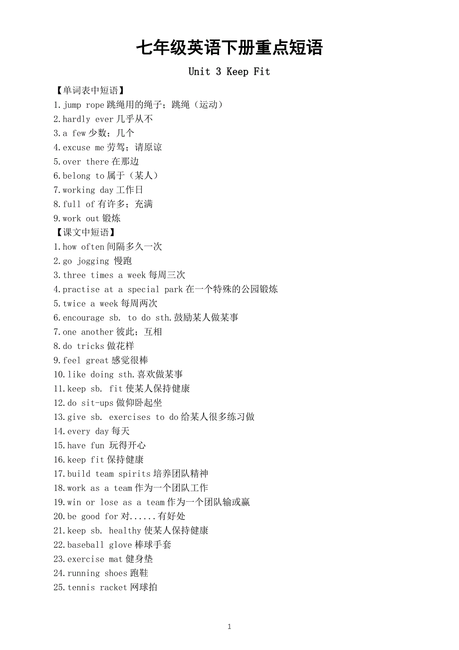 初中英语新人教版七年级下册Unit3—Unit4重点短语（2025春）.doc_第1页