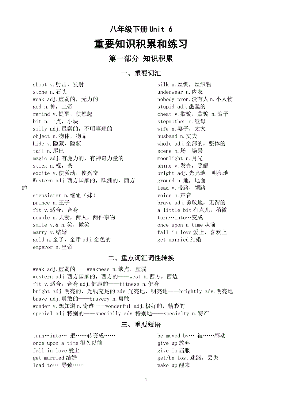 初中英语人教版八年级下册Unit 6 An old man tried to move the mountains.重要知识积累和练习.doc_第1页