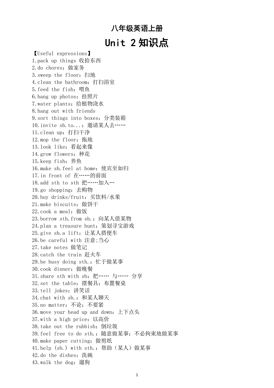 初中英语新人教版八年级上册Unit 2 Home Sweet Home 知识点整理（2025秋）.doc_第1页