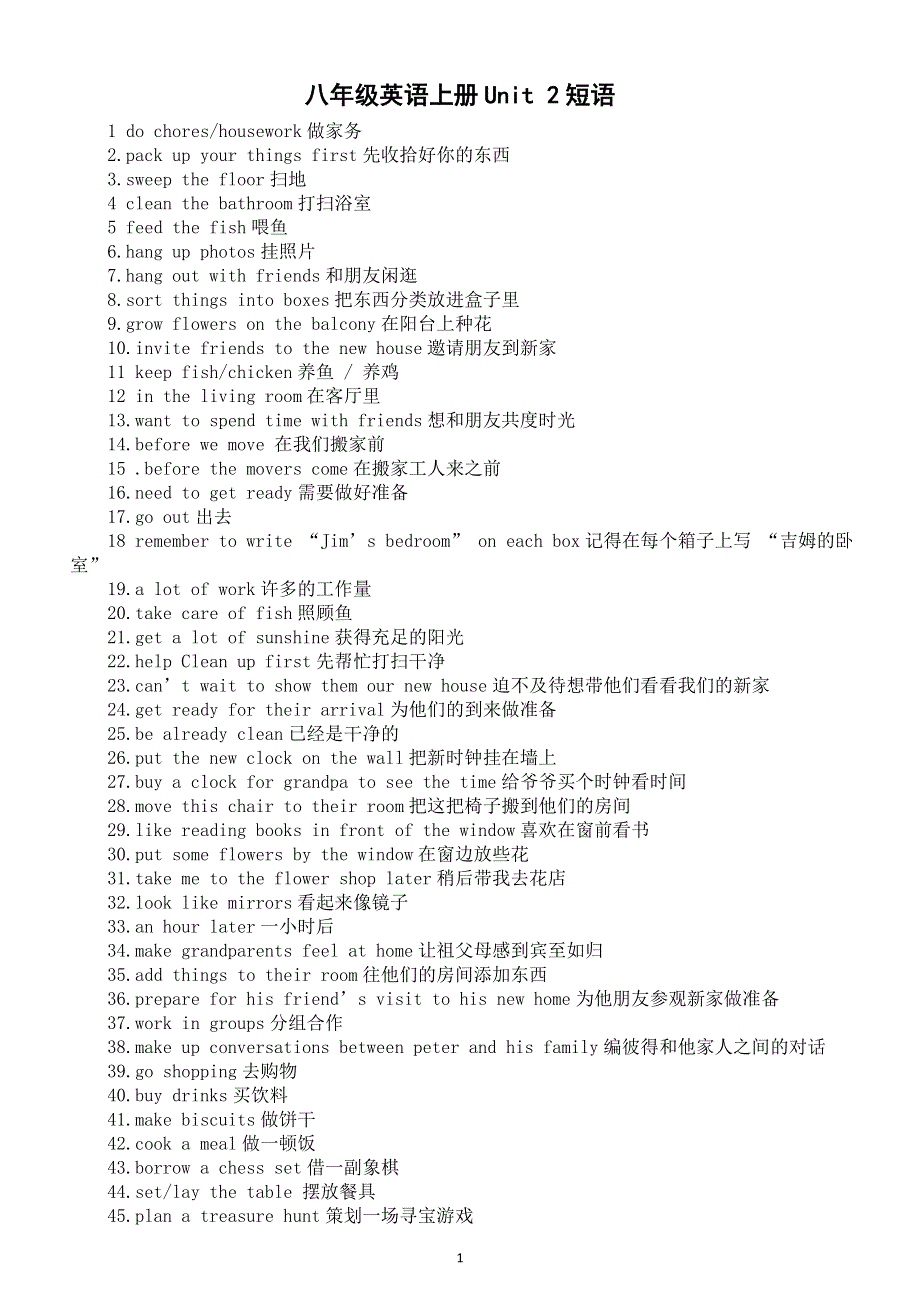 初中英语新人教版八年级上册Unit 2 Home Sweet Home短语（共155个）（2025秋）.doc_第1页