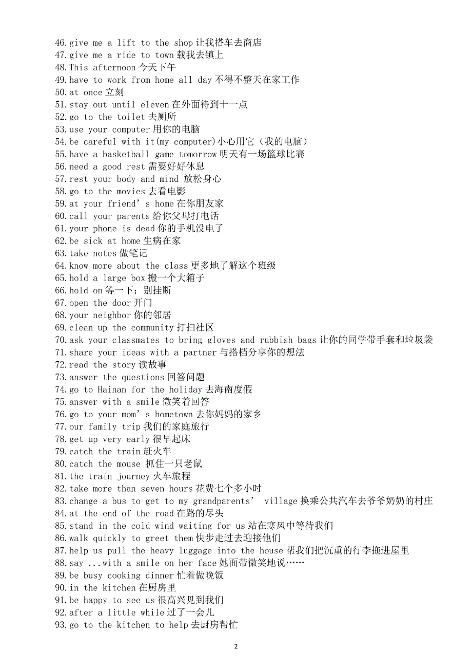 初中英语新人教版八年级上册Unit 2 Home Sweet Home短语（共155个）（2025秋）.doc_第2页