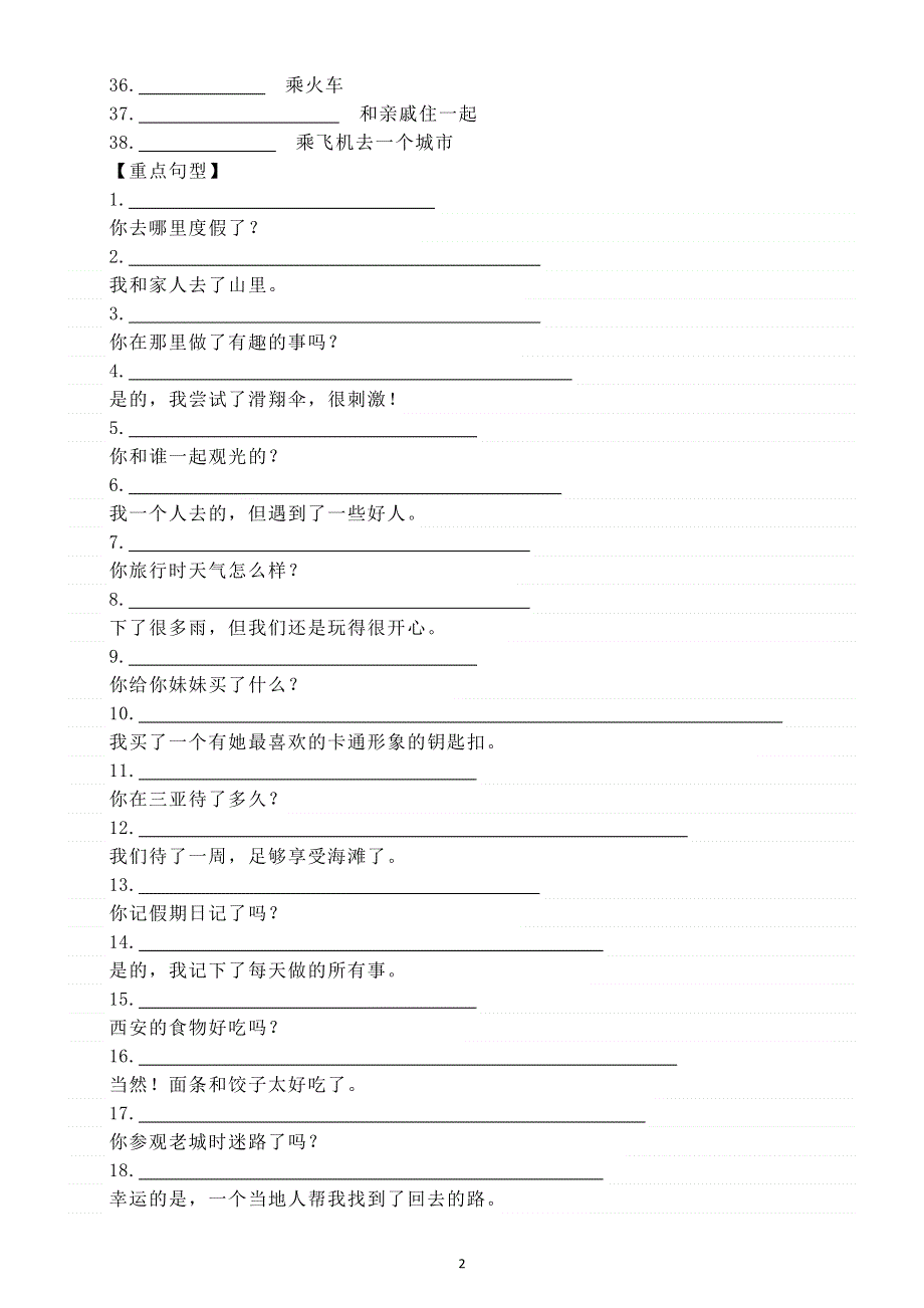 初中英语新人教版八年级上册Unit 1 Happy Holiday重点短语和句型汉译英练习（附参考答案）.doc_第2页