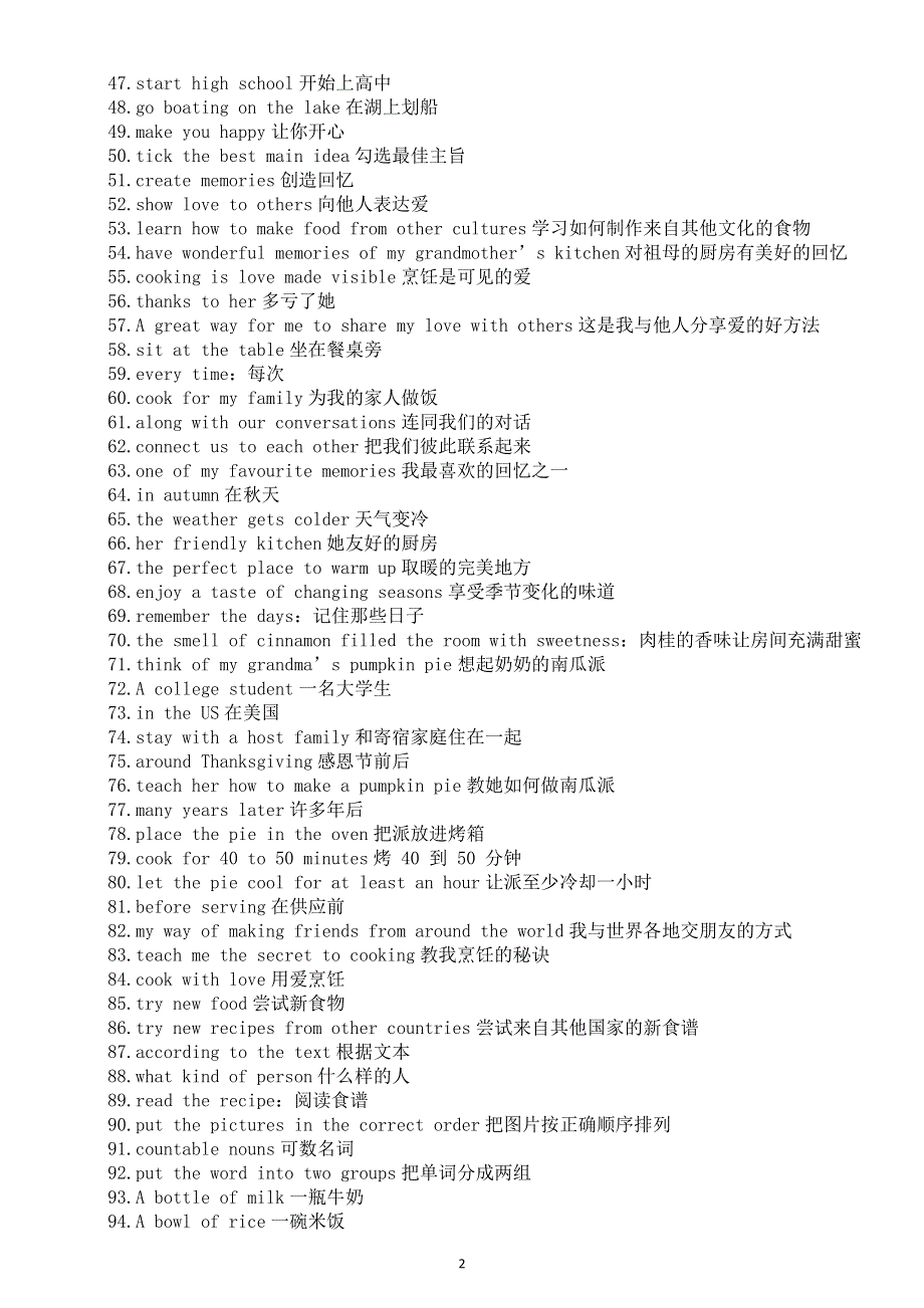 初中英语新人教版八年级上册Unit 5 What a Delicious Meal!短语（共115个）（2025秋）.doc_第2页