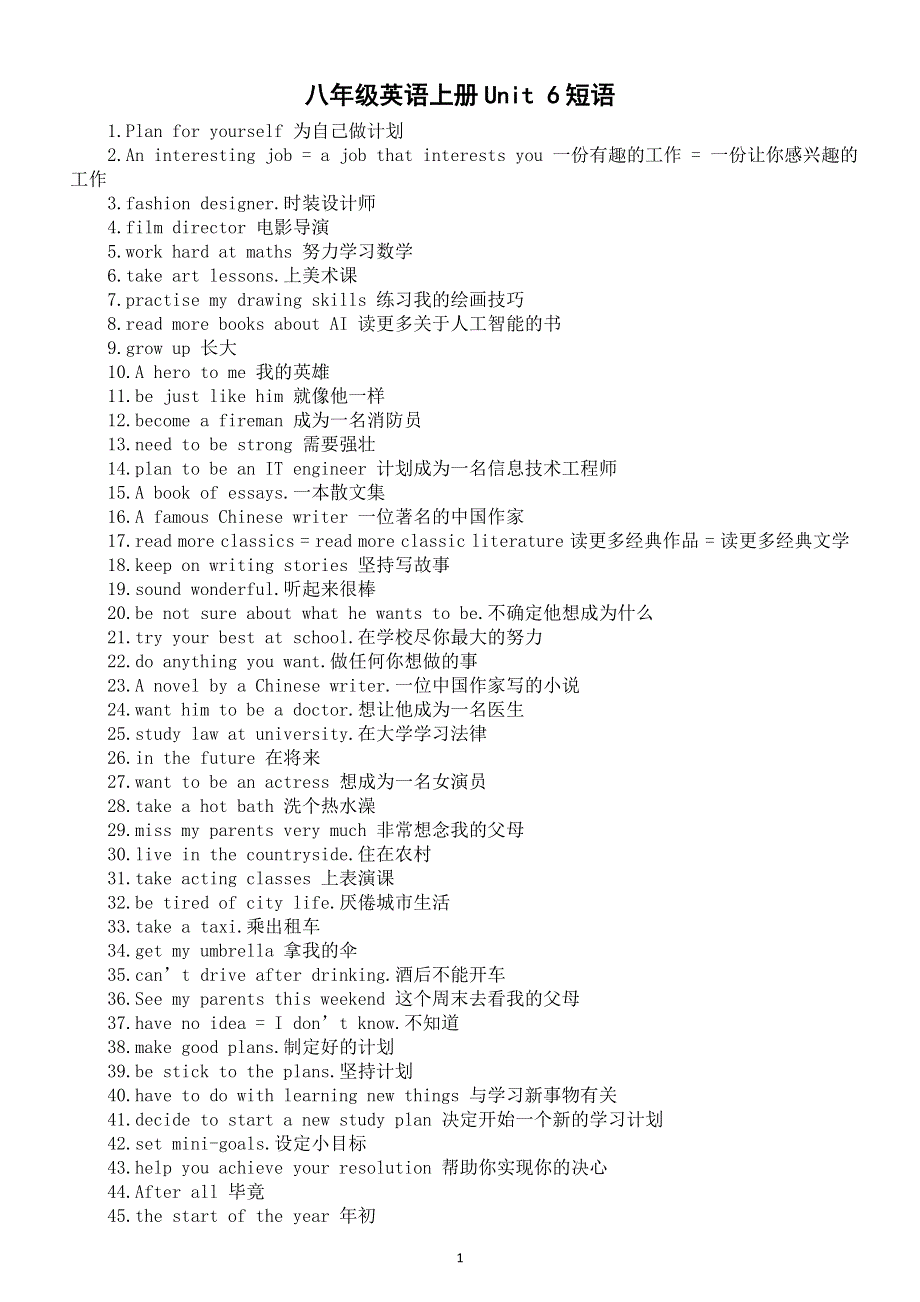 初中英语新人教版八年级上册Unit 6 Plan for Yourself短语（共114个）（2025秋）.doc_第1页