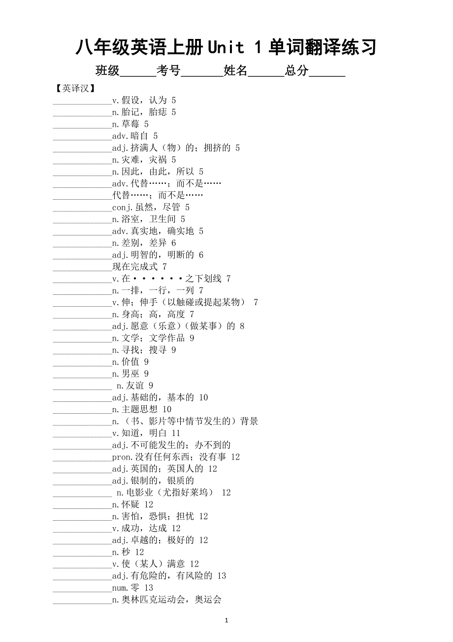 初中英语新外研版八年级上册Unit 1 This is me单词翻译练习（英译汉 汉译英）（附参考答案）（2025秋）.doc_第1页