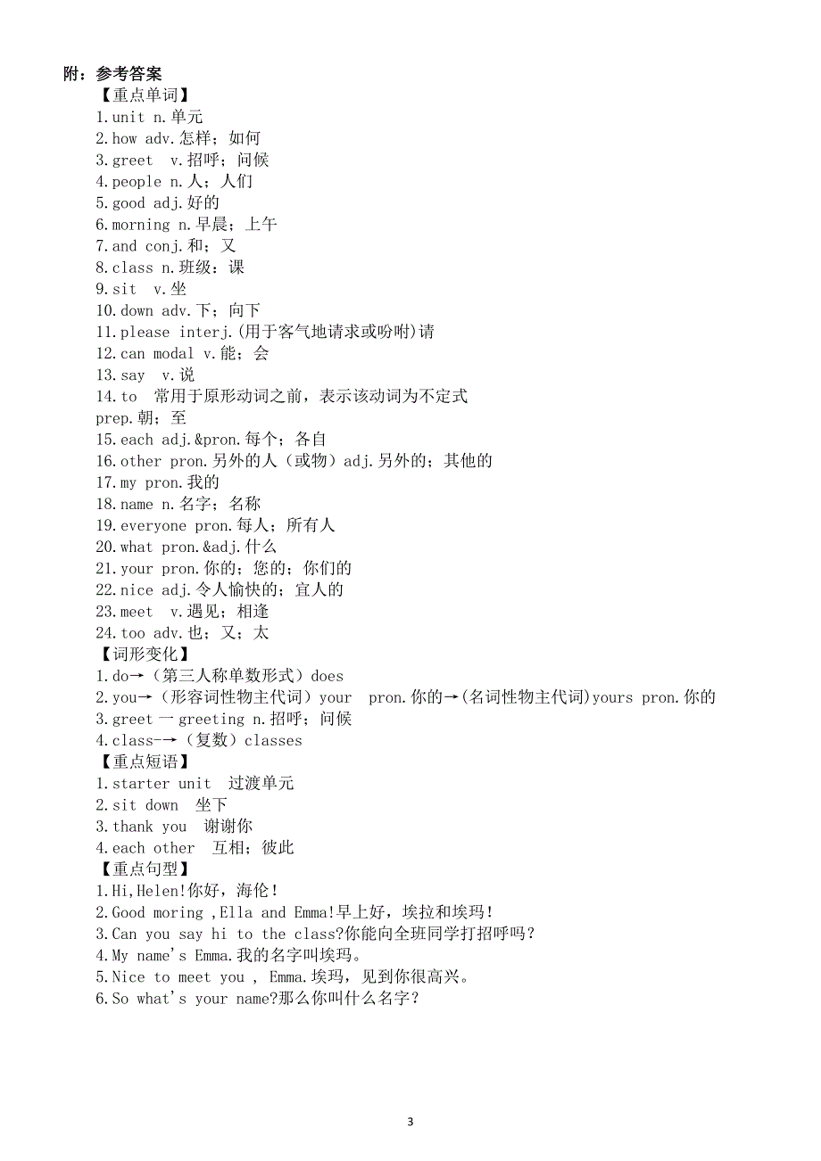 初中英语新人教版七年级上册Starter Unit 1 Section A重点单词短语句型翻译练习（附参考答案）.doc_第3页