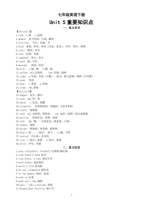 初中英语新人教版七年级下册 Unit 5 Here and now 重要知识点（单词 短语 句型）.doc
