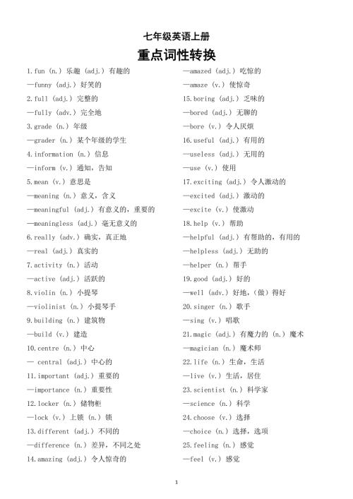 初中英语新人教版七年级上册重点词性转换汇总（共48组）（2025秋）.doc