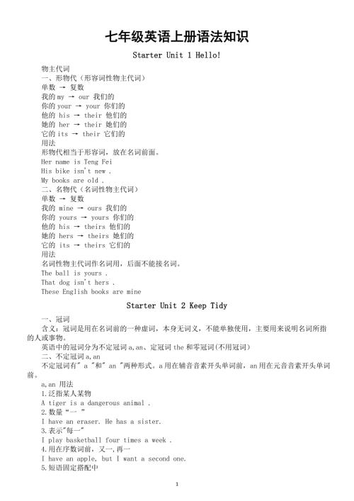 初中英语新人教版七年级上册全册语法知识（分单元编排）（2025秋）.doc