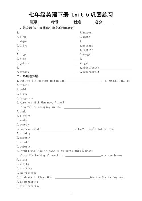 初中英语新人教版七年级下册 Unit 5 Here and Now巩固练习（附参考答案）（2025春）.doc