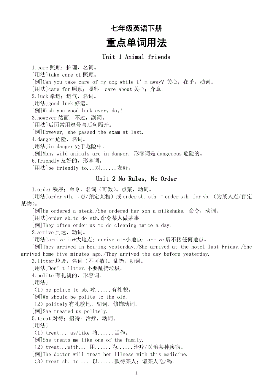 初中英语新人教版七年级下册Unit 1- Unit 2重点单词用法总结.doc_第1页