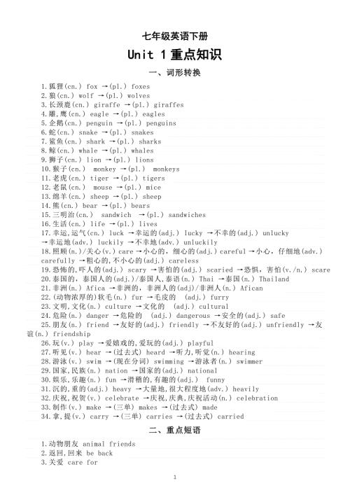 初中英语新人教版七年级下册Unit 1 Animal friends重点知识（2025春）.doc