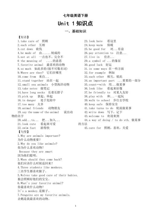 初中英语新人教版七年级下册Unit 1 Animal friends知识点（基础 语法）（2025春季）.doc