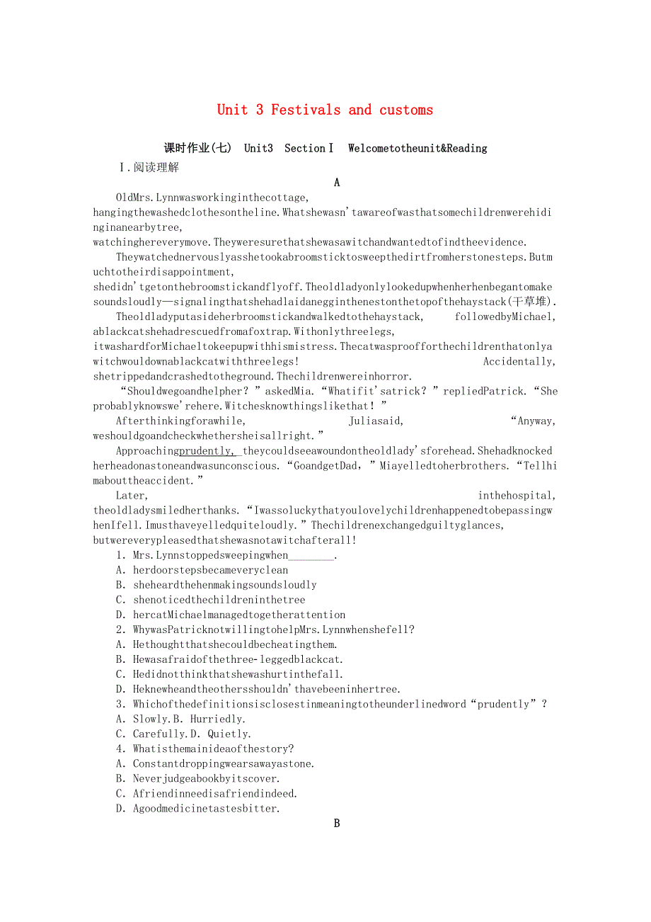 2021-2022学年新教材高中英语 Unit 3 Festivals and customs Section Ⅰ Welcome to the unit & Reading课时作业（含解析）牛津译林版必修第二册.docx_第1页