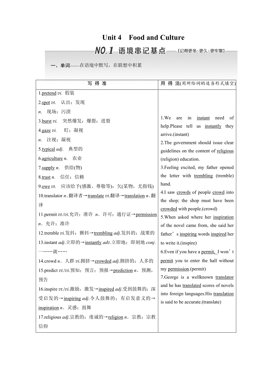 2020版高考英语新设计一轮复习重大版讲义：必修3 UNIT 4 FOOD AND CULTURE WORD版含答案.doc_第1页