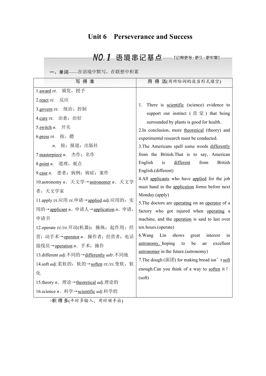 2020版高考英语新设计一轮复习重大版讲义：必修3 UNIT 6 PERSEVERANCE AND SUCCESS WORD版含答案 (2).doc_第1页