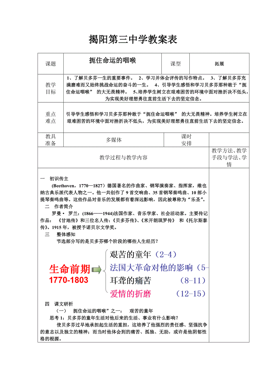广东省揭阳第三中学高二语文《扼住命运的咽喉》教案.doc_第1页