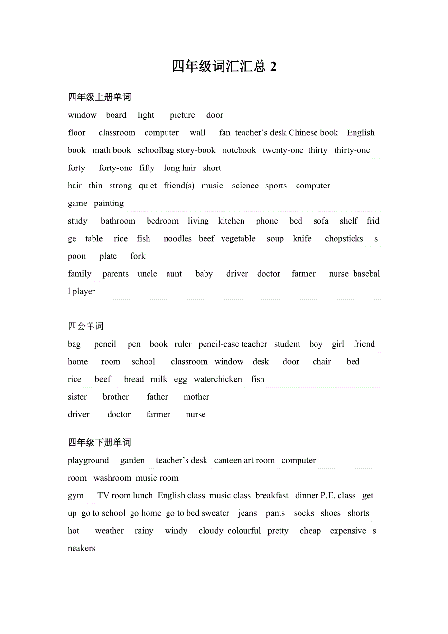 四年级英语复习素材－词汇汇总｜通用版.doc_第1页