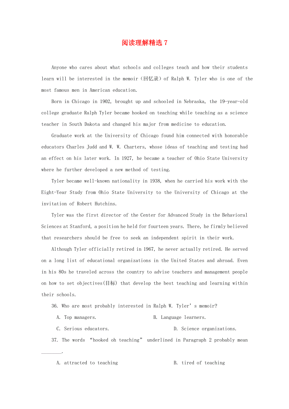 广东省2013年高考英语二轮复习 同步专题 阅读理解7.doc_第1页