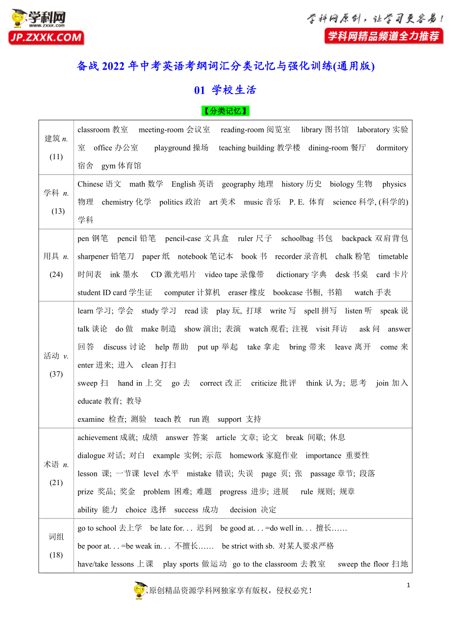 [31509529]分类01 学校生活-备战2022年中考英语考纲词汇分类记忆与强化训练(通用版).doc_第1页