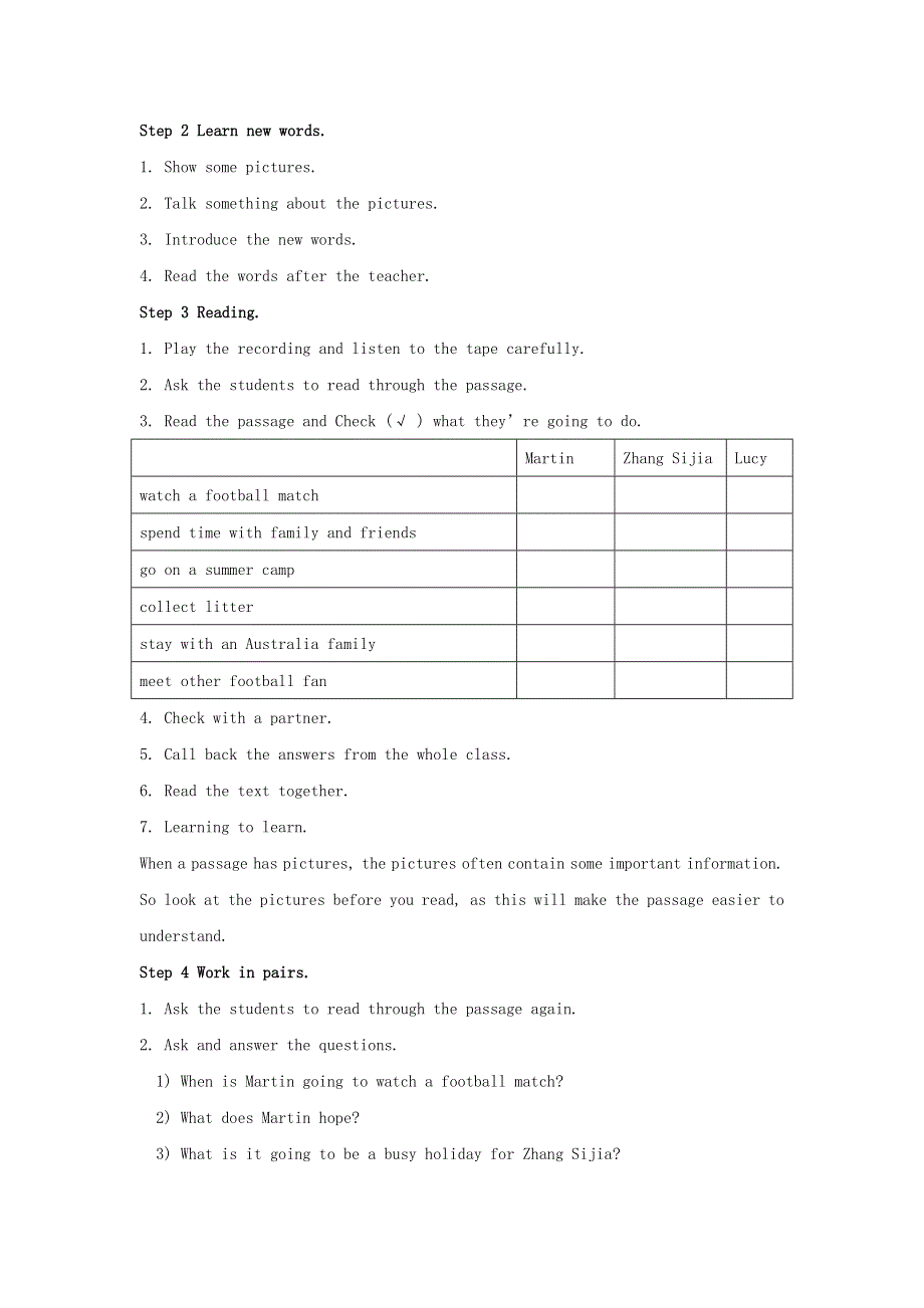 外研版七年级英语下册教案： Module 3 Making plans Unit 2 We’re going to cheer the players.doc_第3页