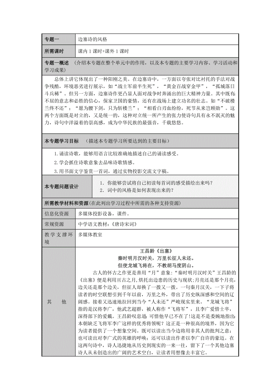 山东省寿光市现代中学2012-2013学年高二语文 雄奇瑰丽的边塞诗主题单元设计 鲁教版.doc_第3页