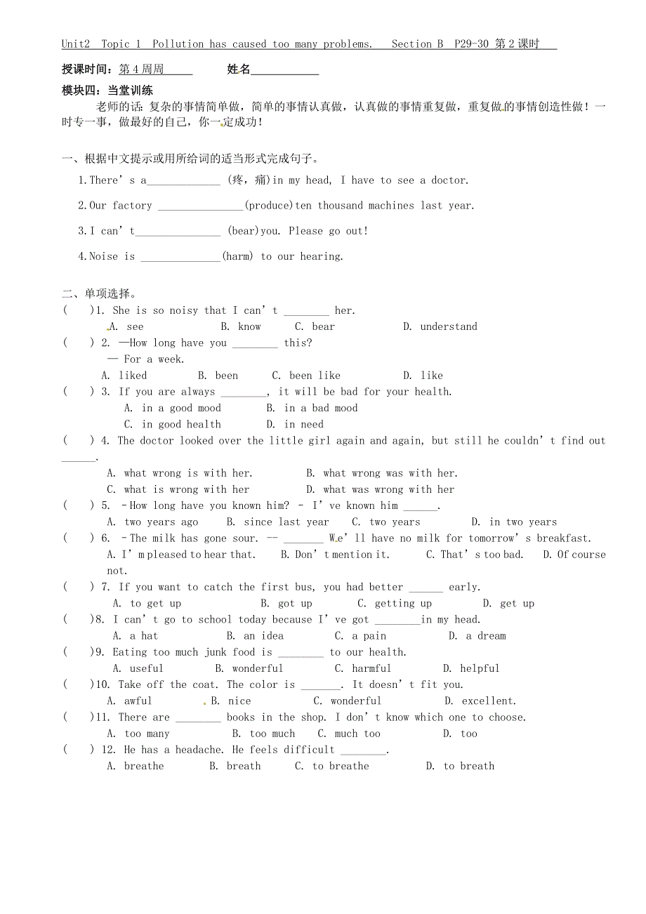 广东省河源中国教育学会中英文实验学校九年级英语上册《Unit 2 Topic 1 Pollution has causes too many problems（第2课时）》讲学稿（无答案）（新版）仁爱版.doc_第3页