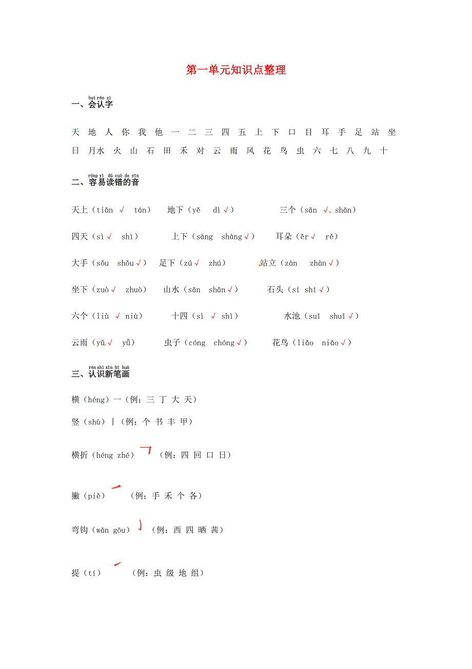 2022一年级语文上册 第一单元知识整理 新人教版.docx_第1页